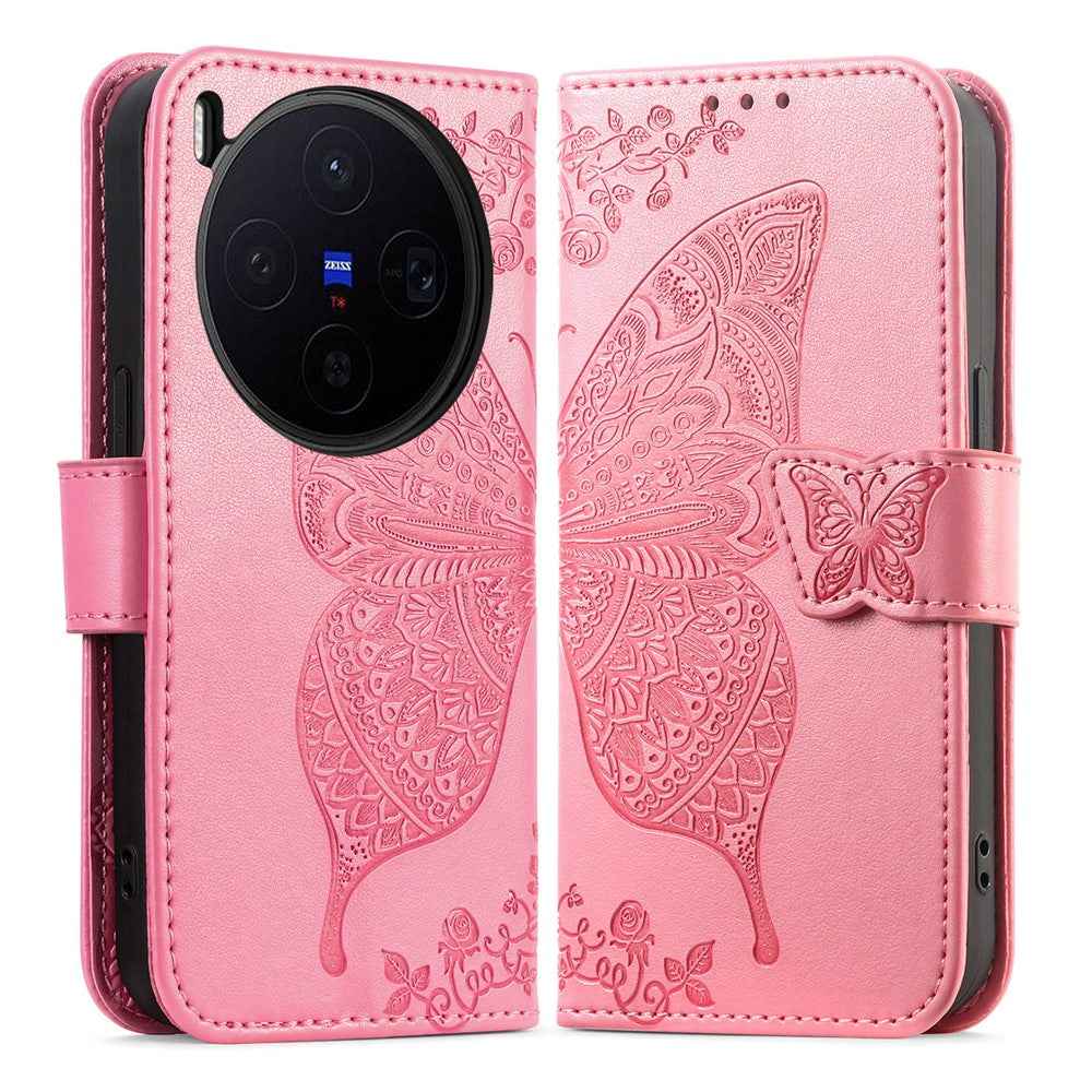 For vivo X300 5G Case with Strap Butterfly Pattern PU Leather Wallet Phone Cover - Pink