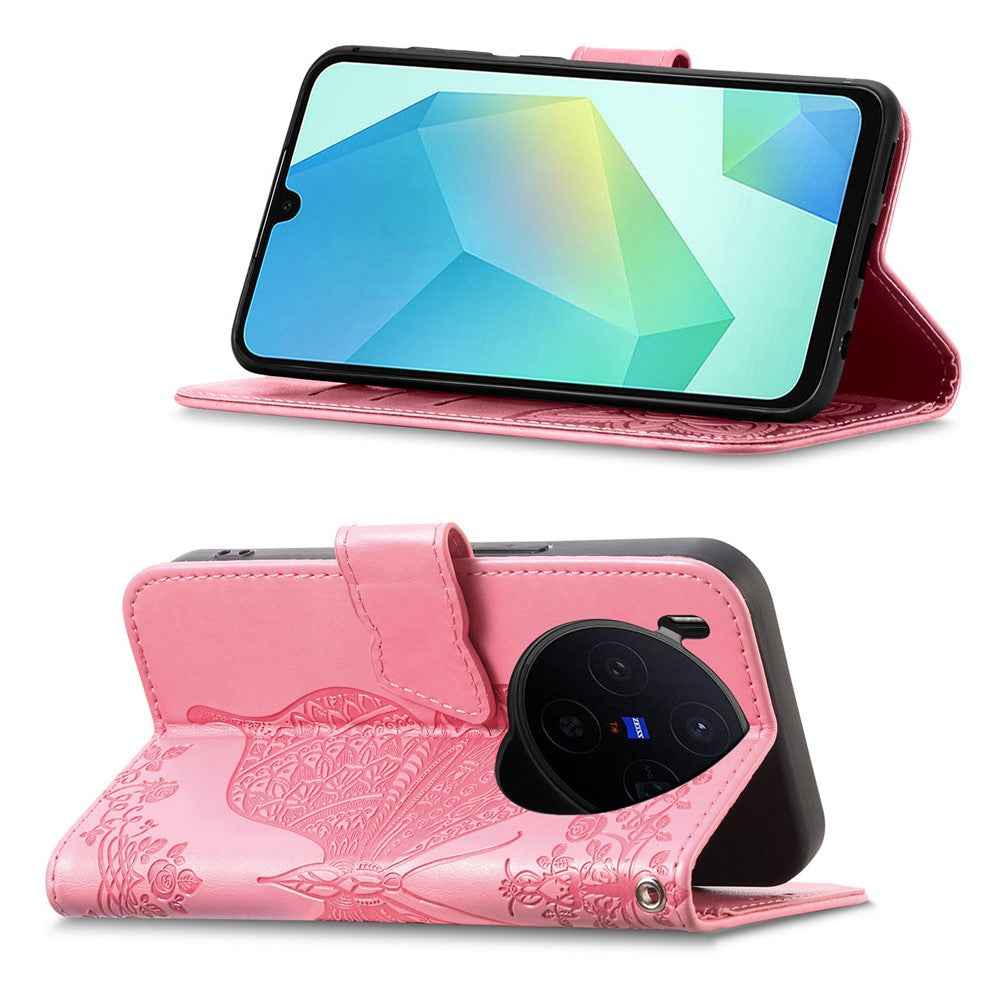 For vivo X300 5G Case with Strap Butterfly Pattern PU Leather Wallet Phone Cover - Pink