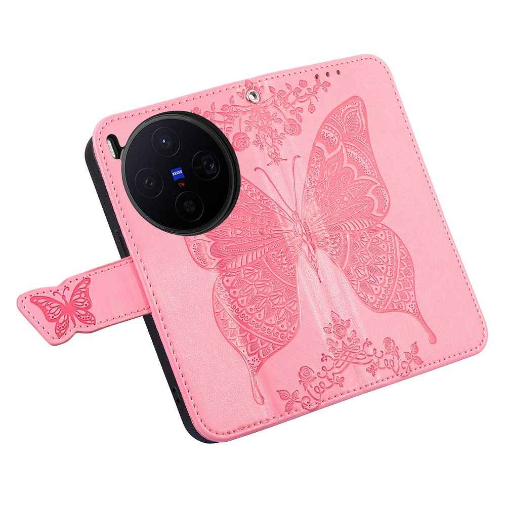 For vivo X300 5G Case with Strap Butterfly Pattern PU Leather Wallet Phone Cover - Pink