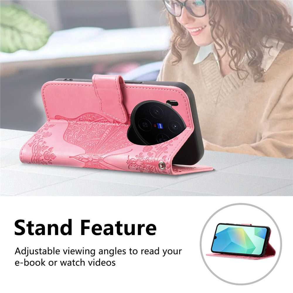 For vivo X300 5G Case with Strap Butterfly Pattern PU Leather Wallet Phone Cover - Pink
