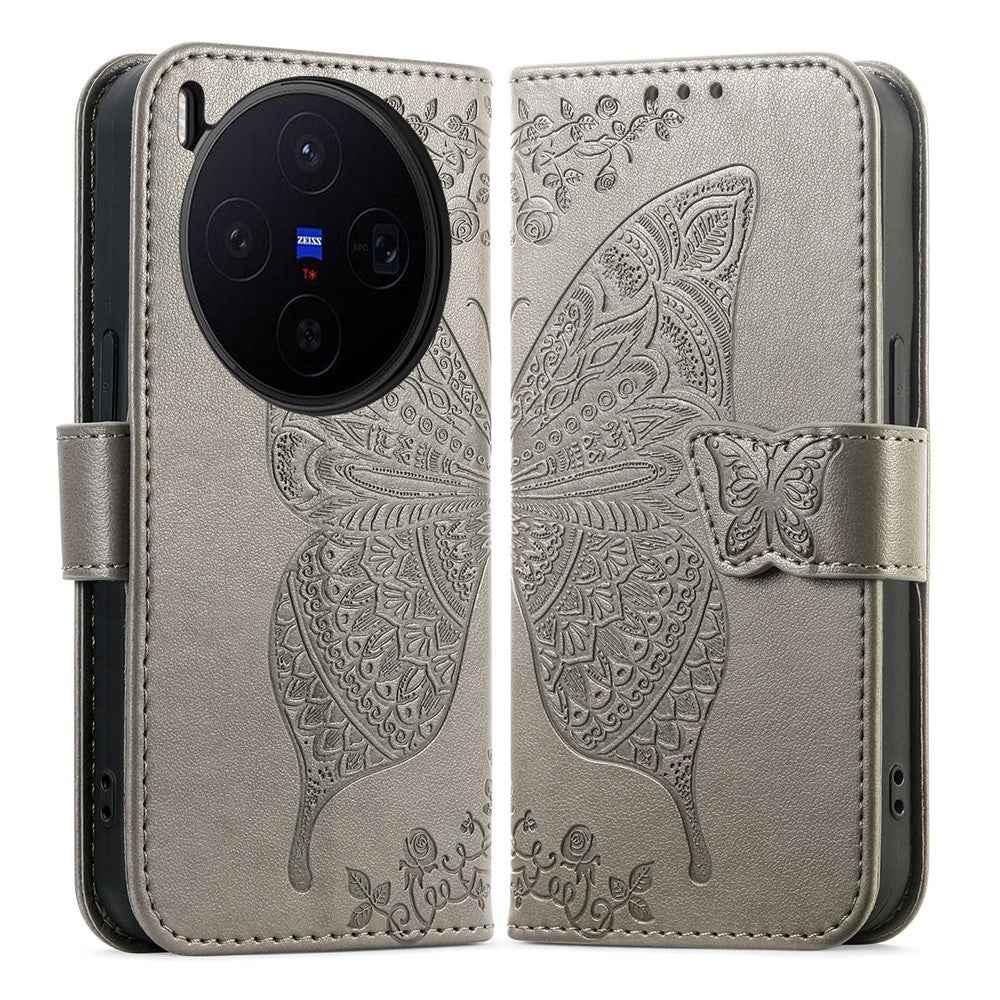 For vivo X300 5G Case with Strap Butterfly Pattern PU Leather Wallet Phone Cover - Grey