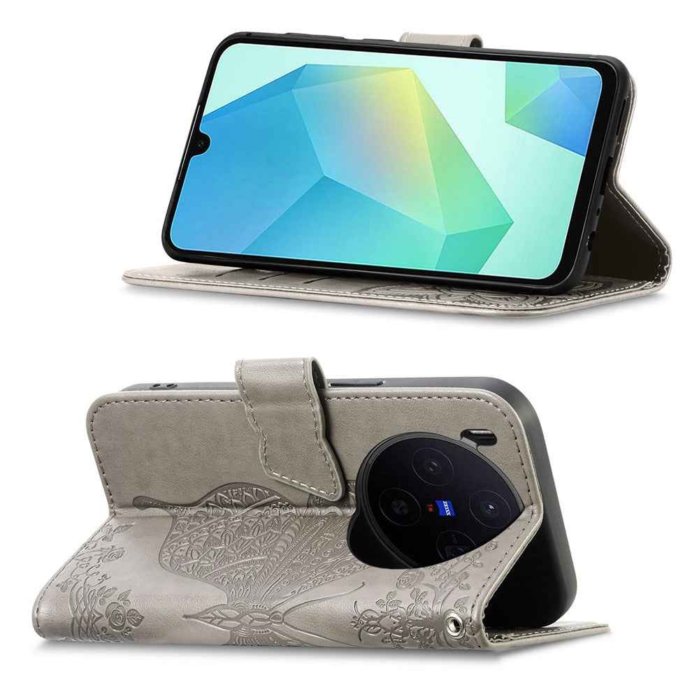 For vivo X300 5G Case with Strap Butterfly Pattern PU Leather Wallet Phone Cover - Grey