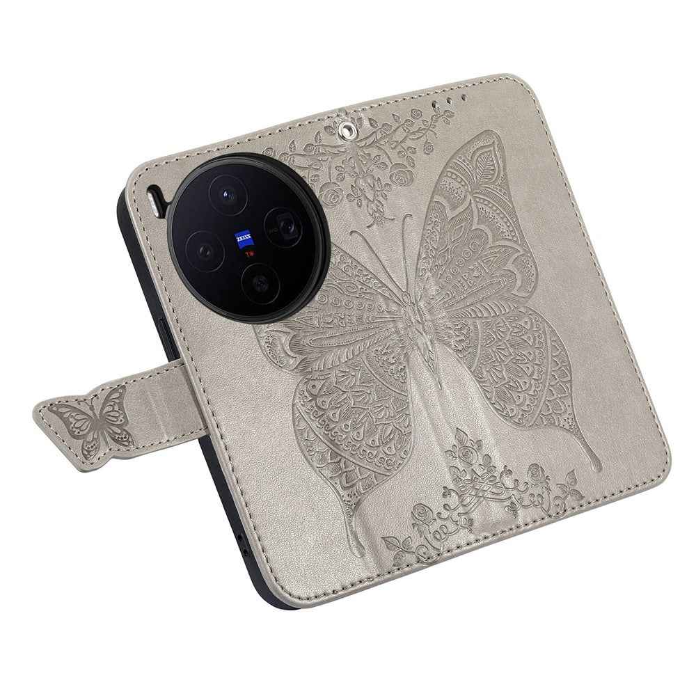 For vivo X300 5G Case with Strap Butterfly Pattern PU Leather Wallet Phone Cover - Grey