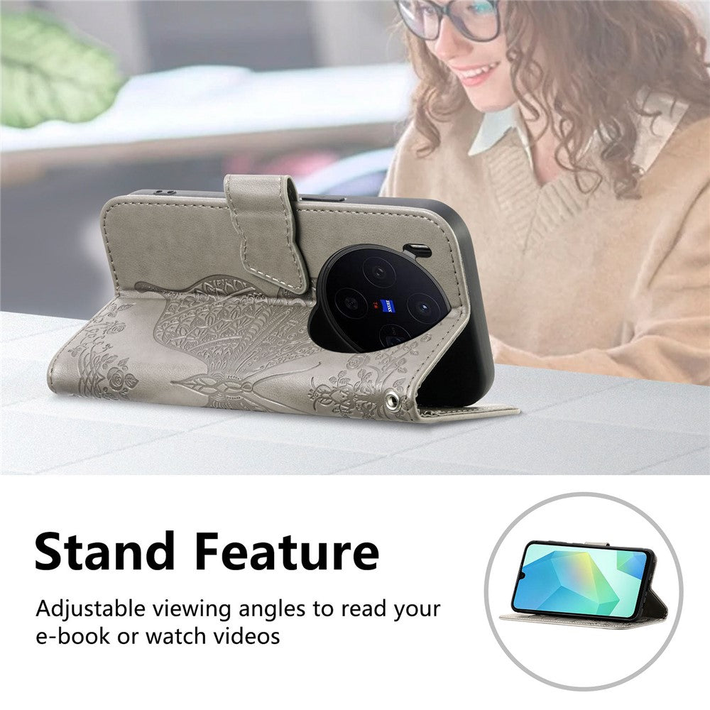 For vivo X300 5G Case with Strap Butterfly Pattern PU Leather Wallet Phone Cover - Grey