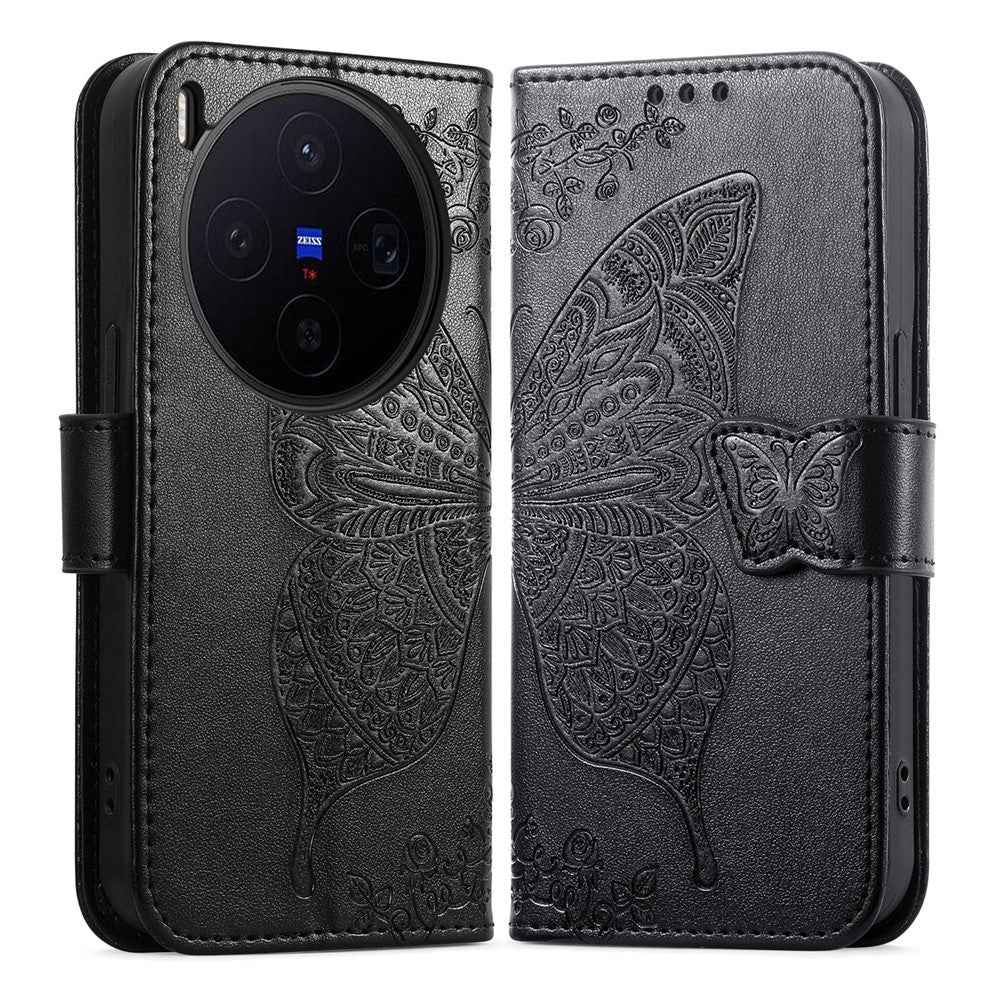 For vivo X300 5G Case with Strap Butterfly Pattern PU Leather Wallet Phone Cover - Black