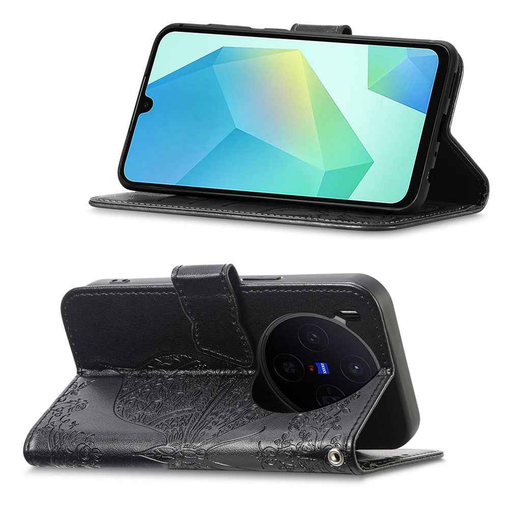 For vivo X300 5G Case with Strap Butterfly Pattern PU Leather Wallet Phone Cover - Black