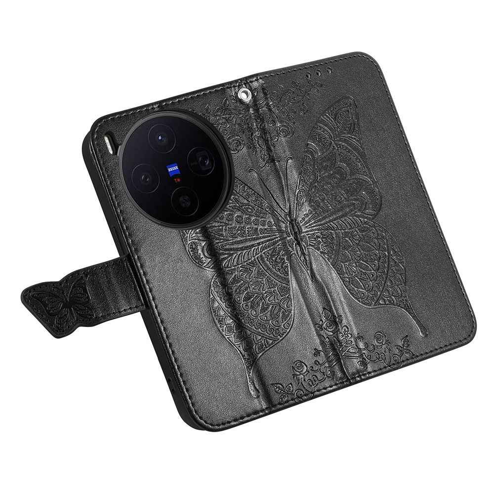 For vivo X300 5G Case with Strap Butterfly Pattern PU Leather Wallet Phone Cover - Black