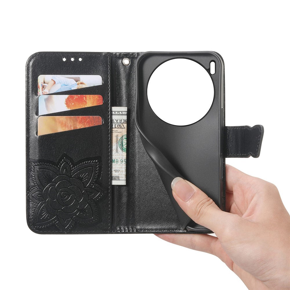 For vivo X300 5G Case with Strap Butterfly Pattern PU Leather Wallet Phone Cover - Black