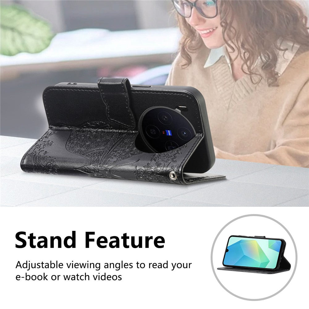 For vivo X300 5G Case with Strap Butterfly Pattern PU Leather Wallet Phone Cover - Black