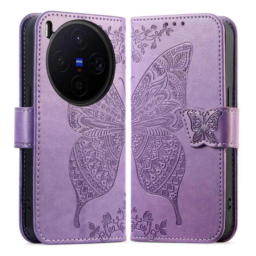 For vivo X300 5G Case with Strap Butterfly Pattern PU Leather Wallet Phone Cover - Light Purple