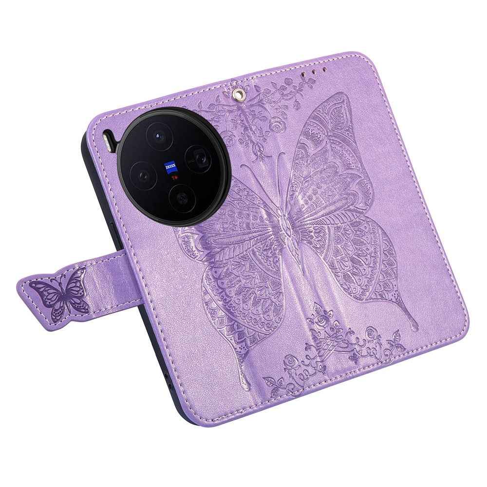 For vivo X300 5G Case with Strap Butterfly Pattern PU Leather Wallet Phone Cover - Light Purple