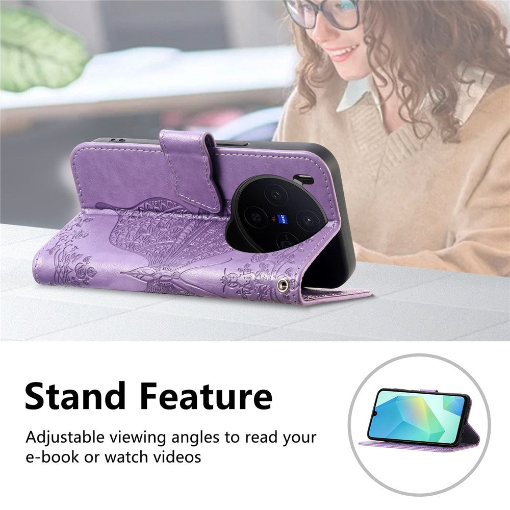For vivo X300 5G Case with Strap Butterfly Pattern PU Leather Wallet Phone Cover - Light Purple