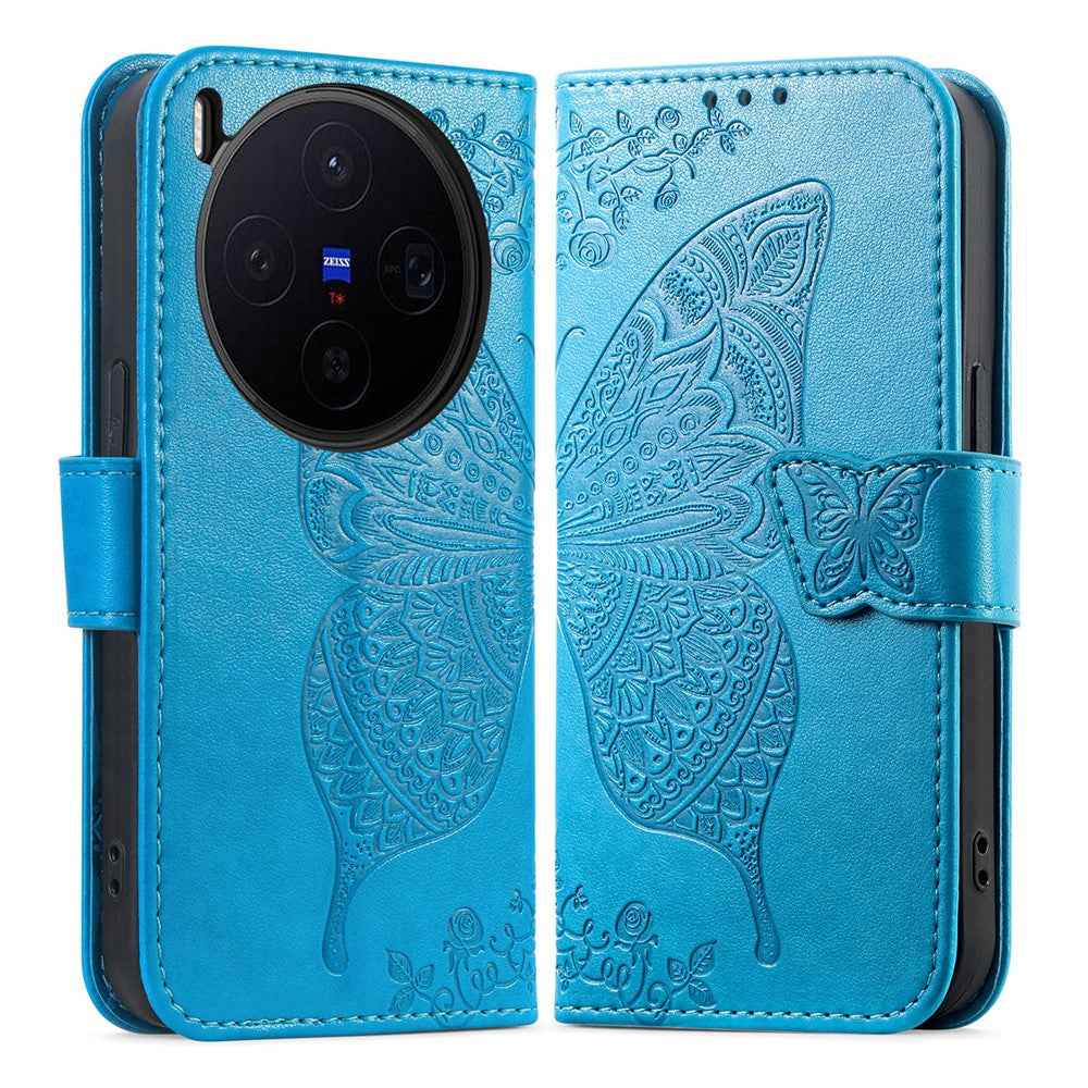 For vivo X300 5G Case with Strap Butterfly Pattern PU Leather Wallet Phone Cover - Blue