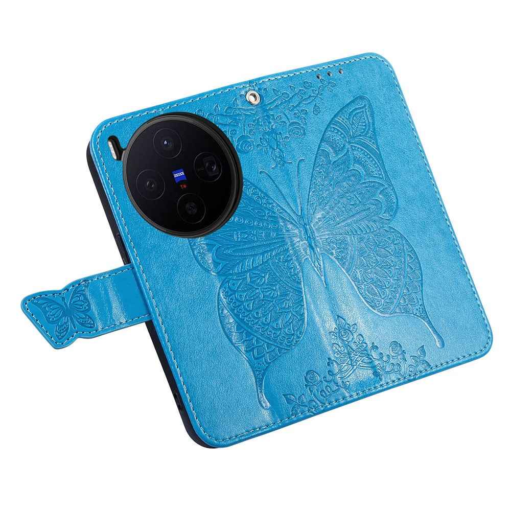 For vivo X300 5G Case with Strap Butterfly Pattern PU Leather Wallet Phone Cover - Blue