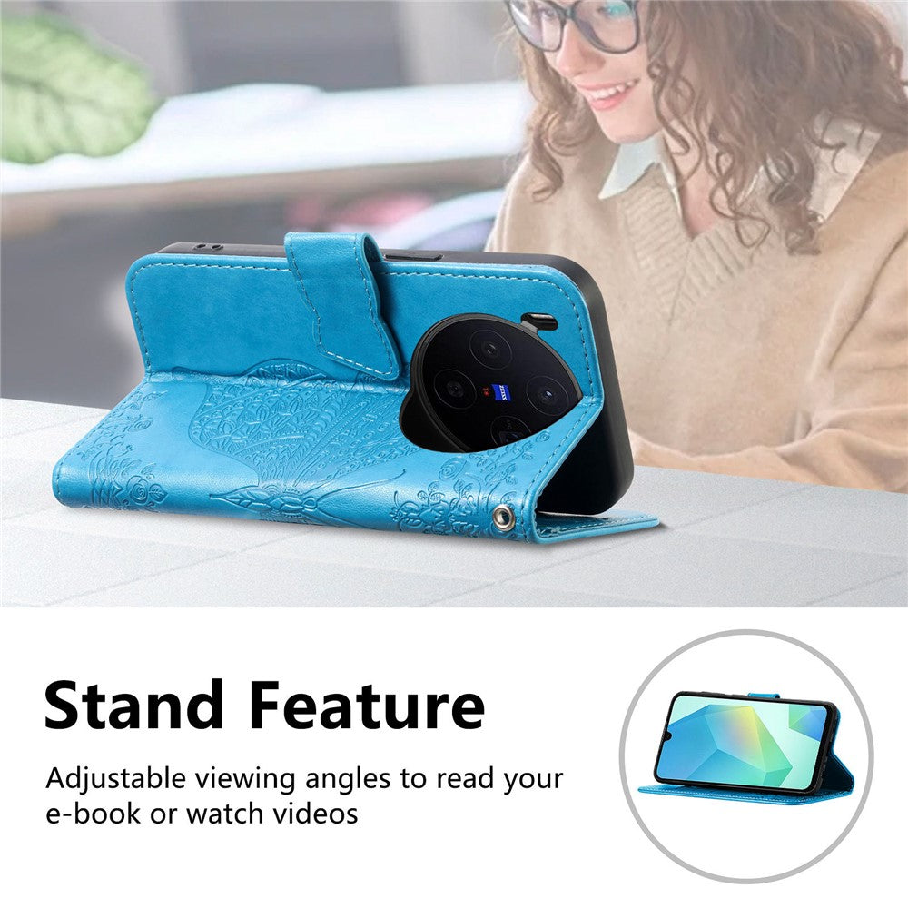 For vivo X300 5G Case with Strap Butterfly Pattern PU Leather Wallet Phone Cover - Blue