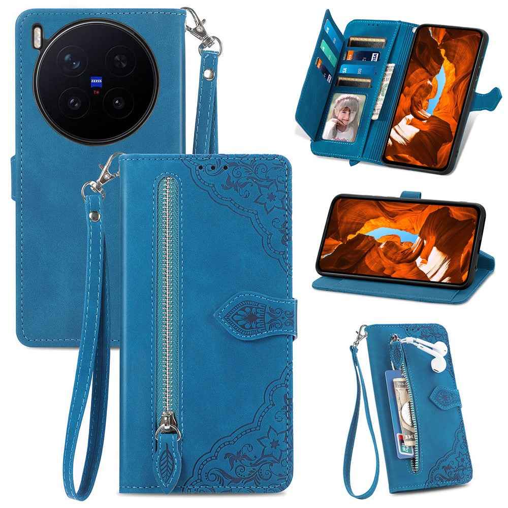 For vivo X300 Pro 5G Zipper Wallet Case with Strap Flower Imprint PU Leather Phone Cover - Blue