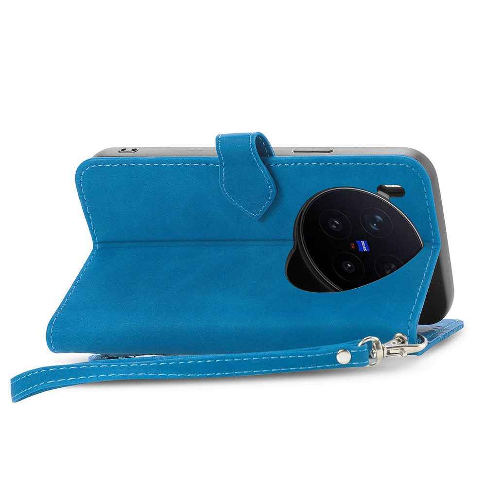For vivo X300 Pro 5G Zipper Wallet Case with Strap Flower Imprint PU Leather Phone Cover - Blue