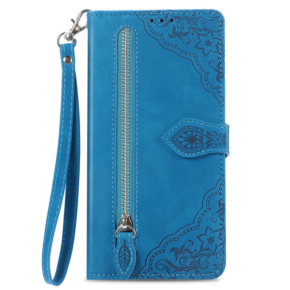 For vivo X300 Pro 5G Zipper Wallet Case with Strap Flower Imprint PU Leather Phone Cover - Blue