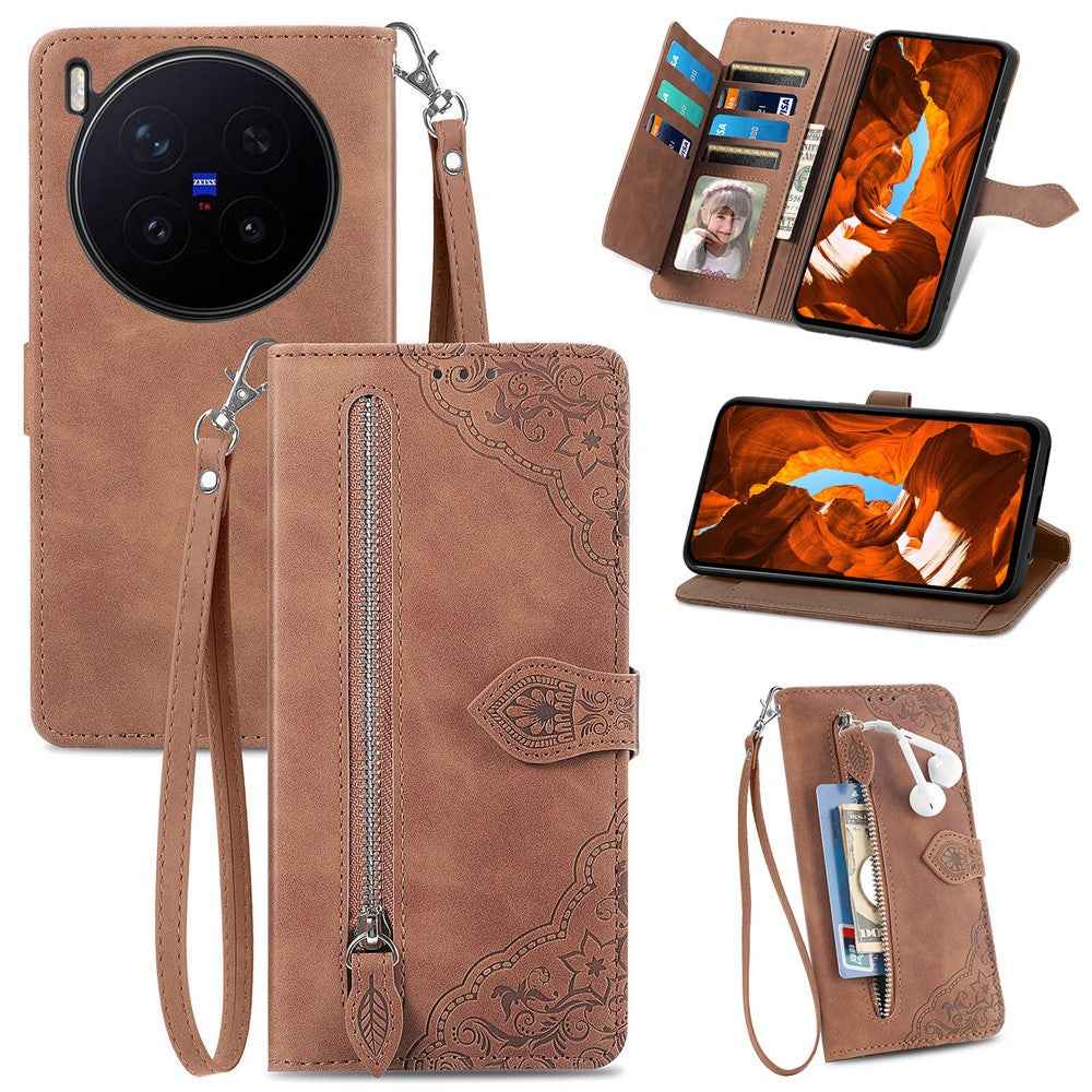 For vivo X300 Pro 5G Zipper Wallet Case with Strap Flower Imprint PU Leather Phone Cover - Brown