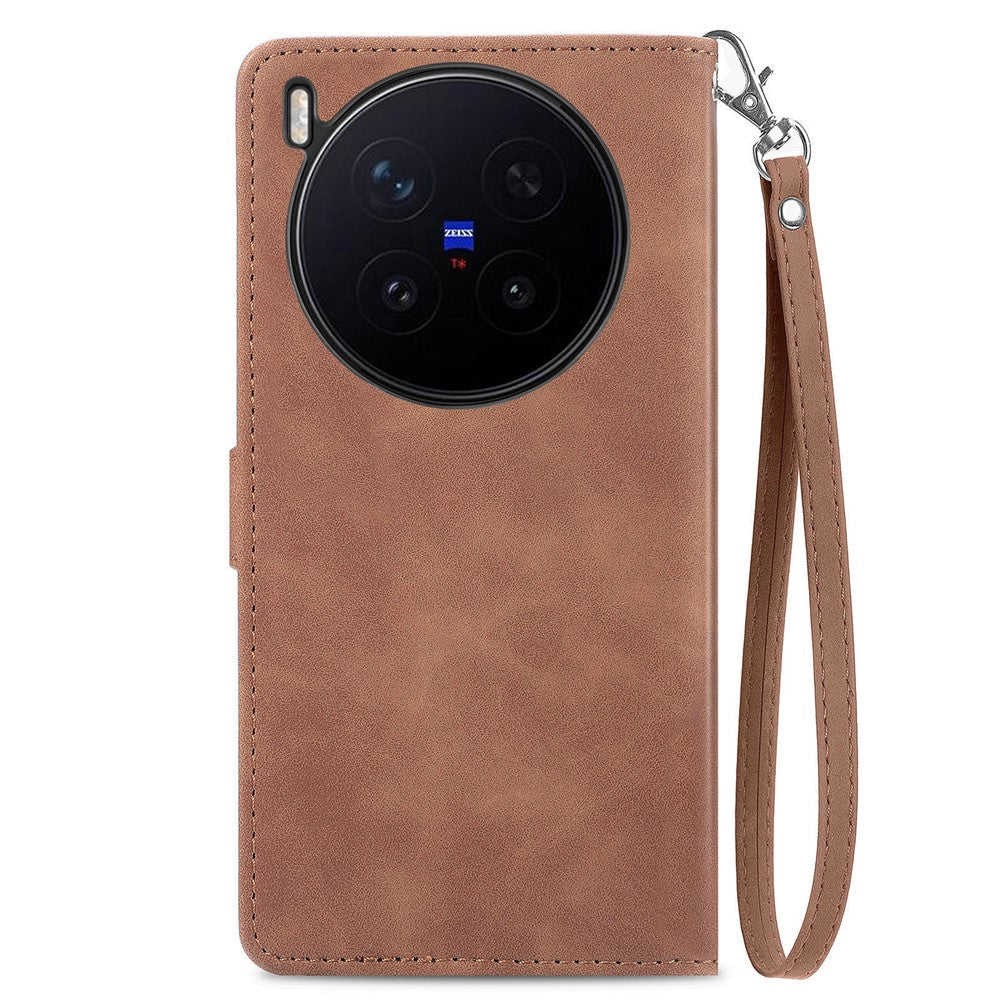 For vivo X300 Pro 5G Zipper Wallet Case with Strap Flower Imprint PU Leather Phone Cover - Brown