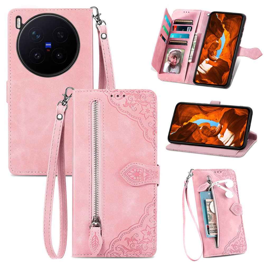 For vivo X300 Pro 5G Zipper Wallet Case with Strap Flower Imprint PU Leather Phone Cover - Pink