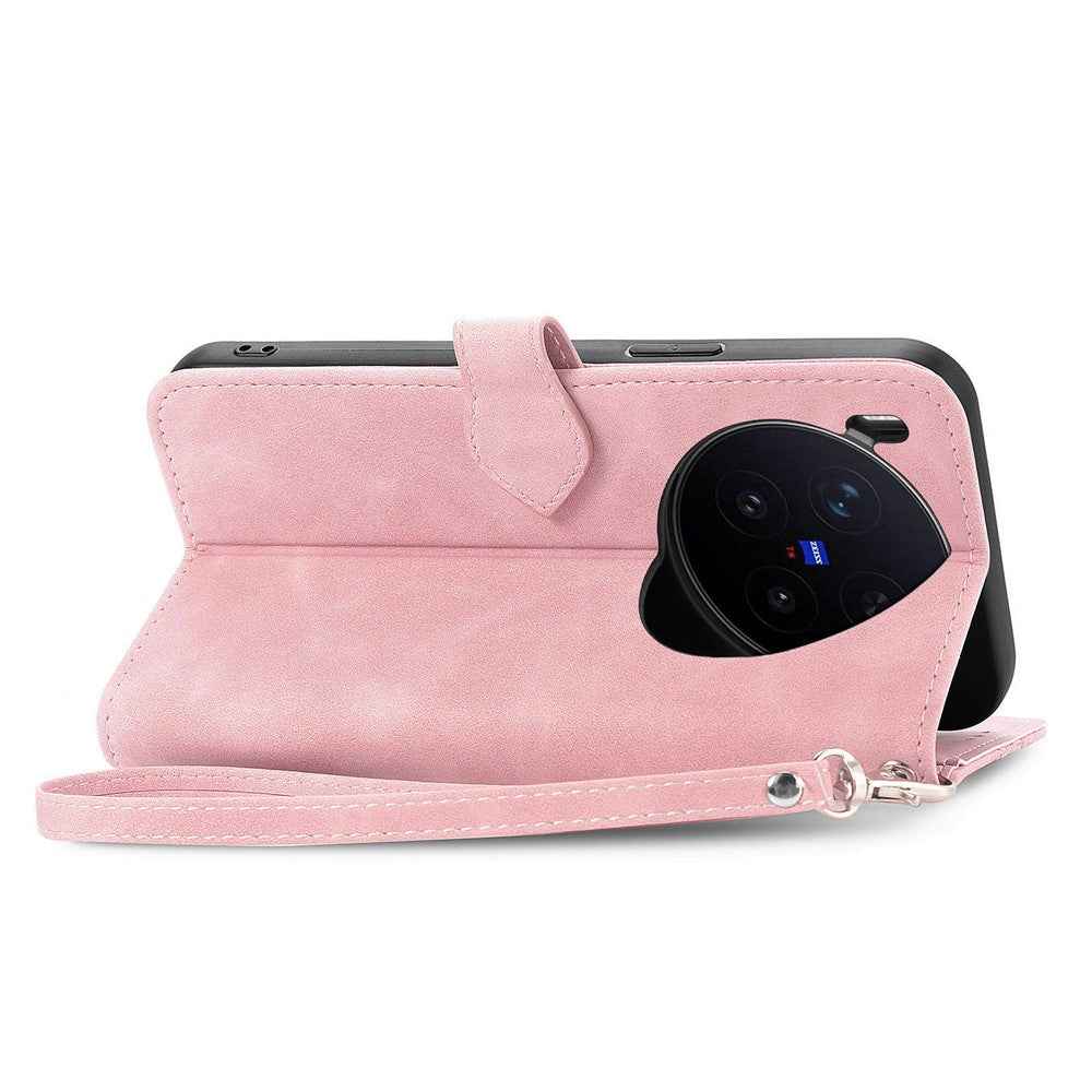 For vivo X300 Pro 5G Zipper Wallet Case with Strap Flower Imprint PU Leather Phone Cover - Pink