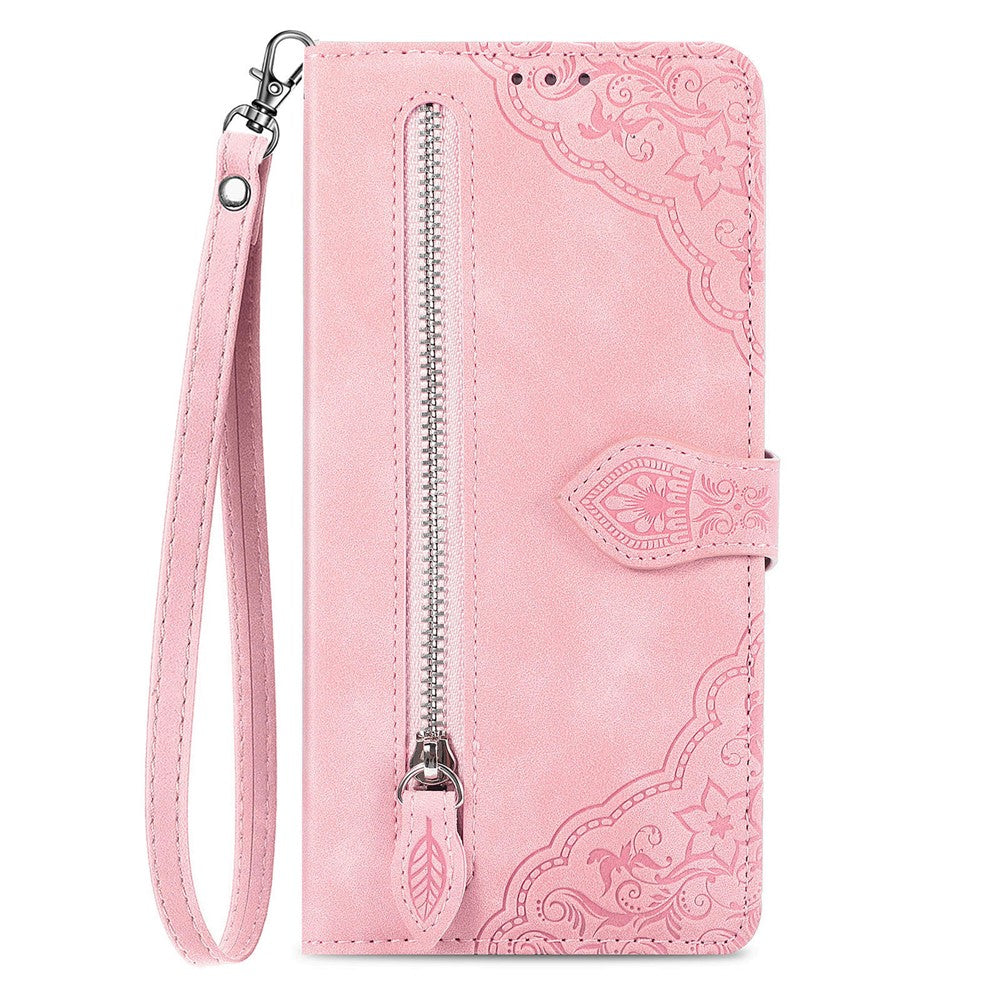 For vivo X300 Pro 5G Zipper Wallet Case with Strap Flower Imprint PU Leather Phone Cover - Pink