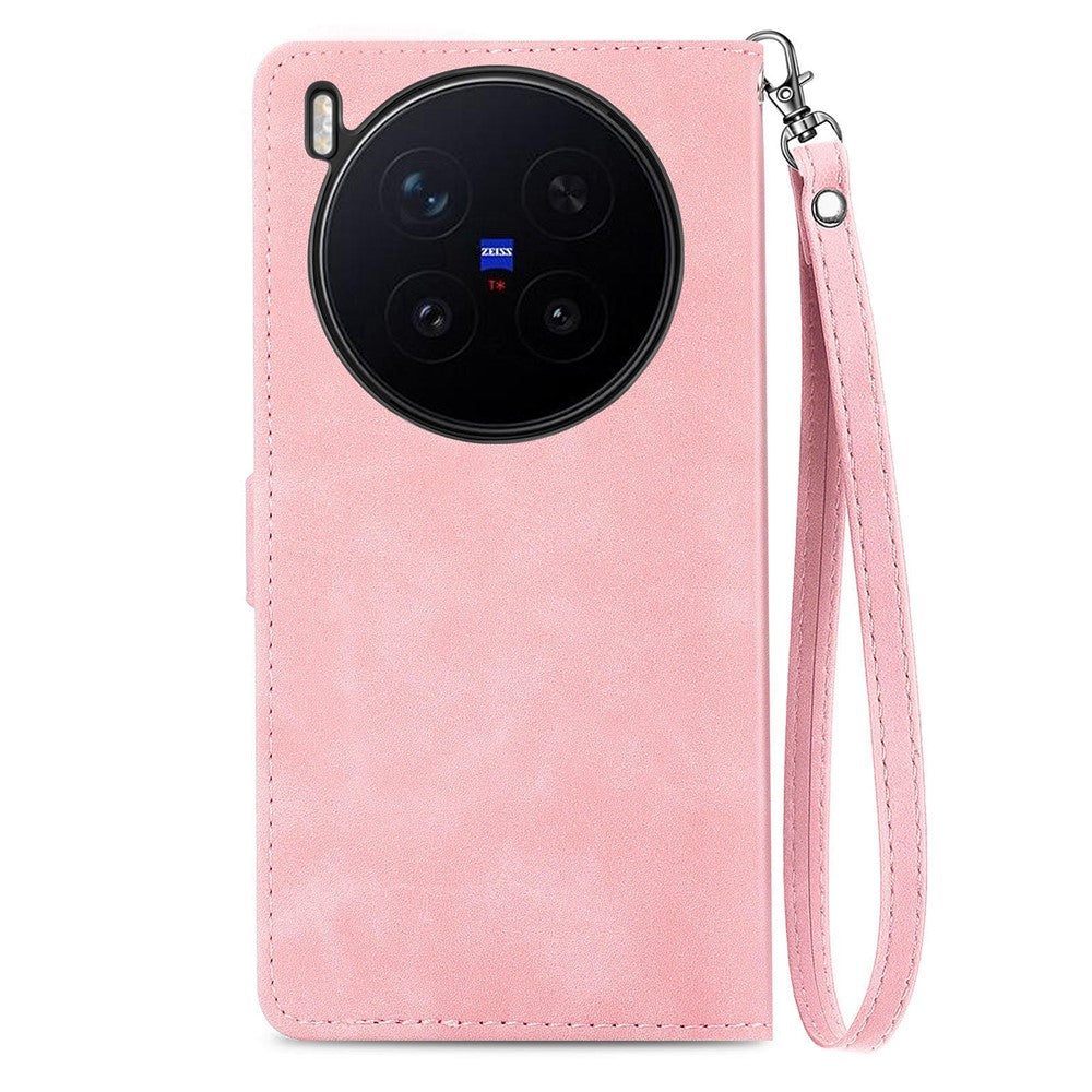 For vivo X300 Pro 5G Zipper Wallet Case with Strap Flower Imprint PU Leather Phone Cover - Pink