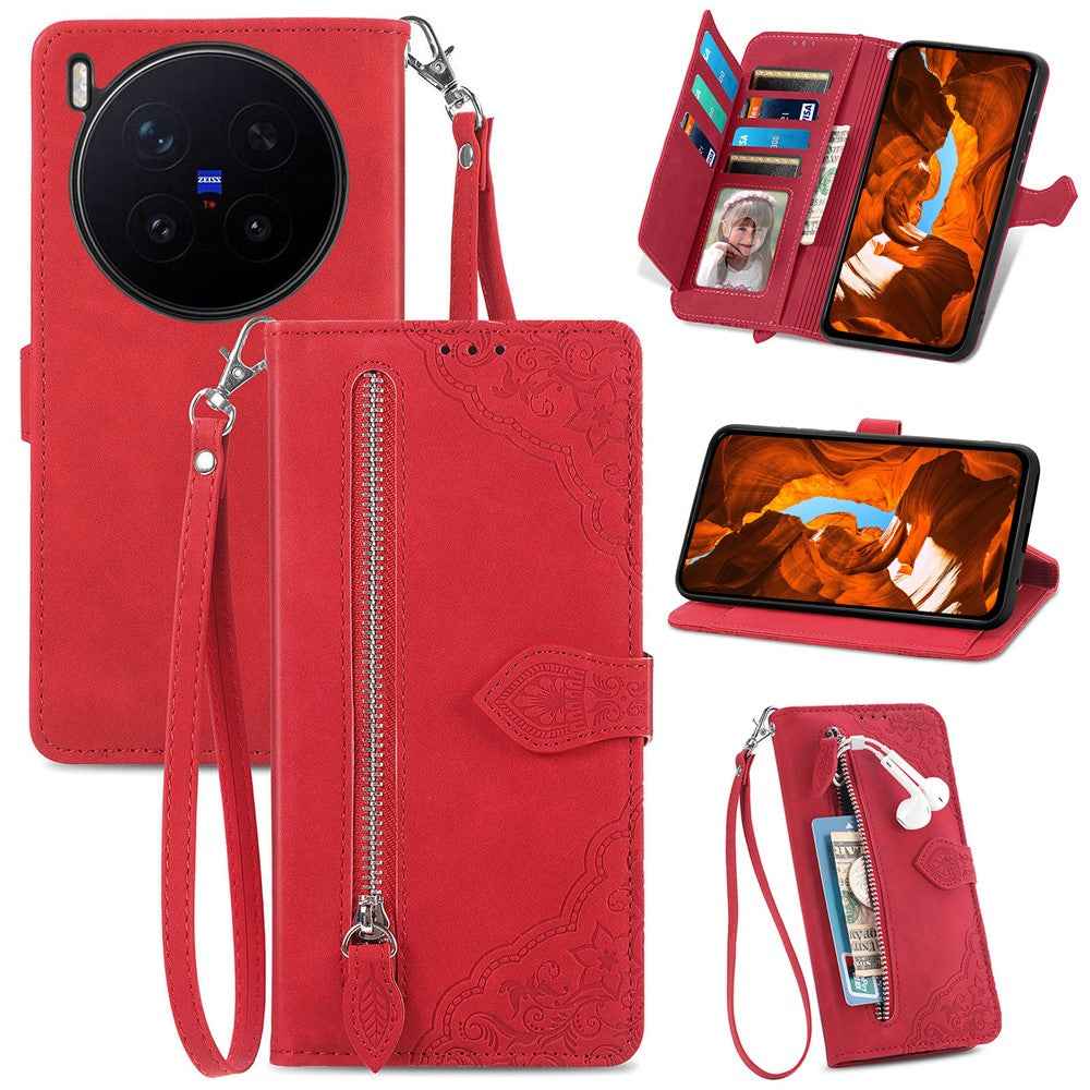 For vivo X300 Pro 5G Zipper Wallet Case with Strap Flower Imprint PU Leather Phone Cover - Red