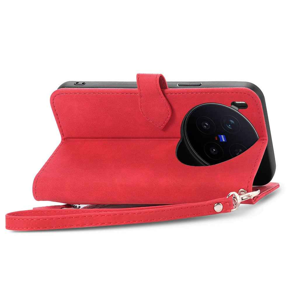 For vivo X300 Pro 5G Zipper Wallet Case with Strap Flower Imprint PU Leather Phone Cover - Red