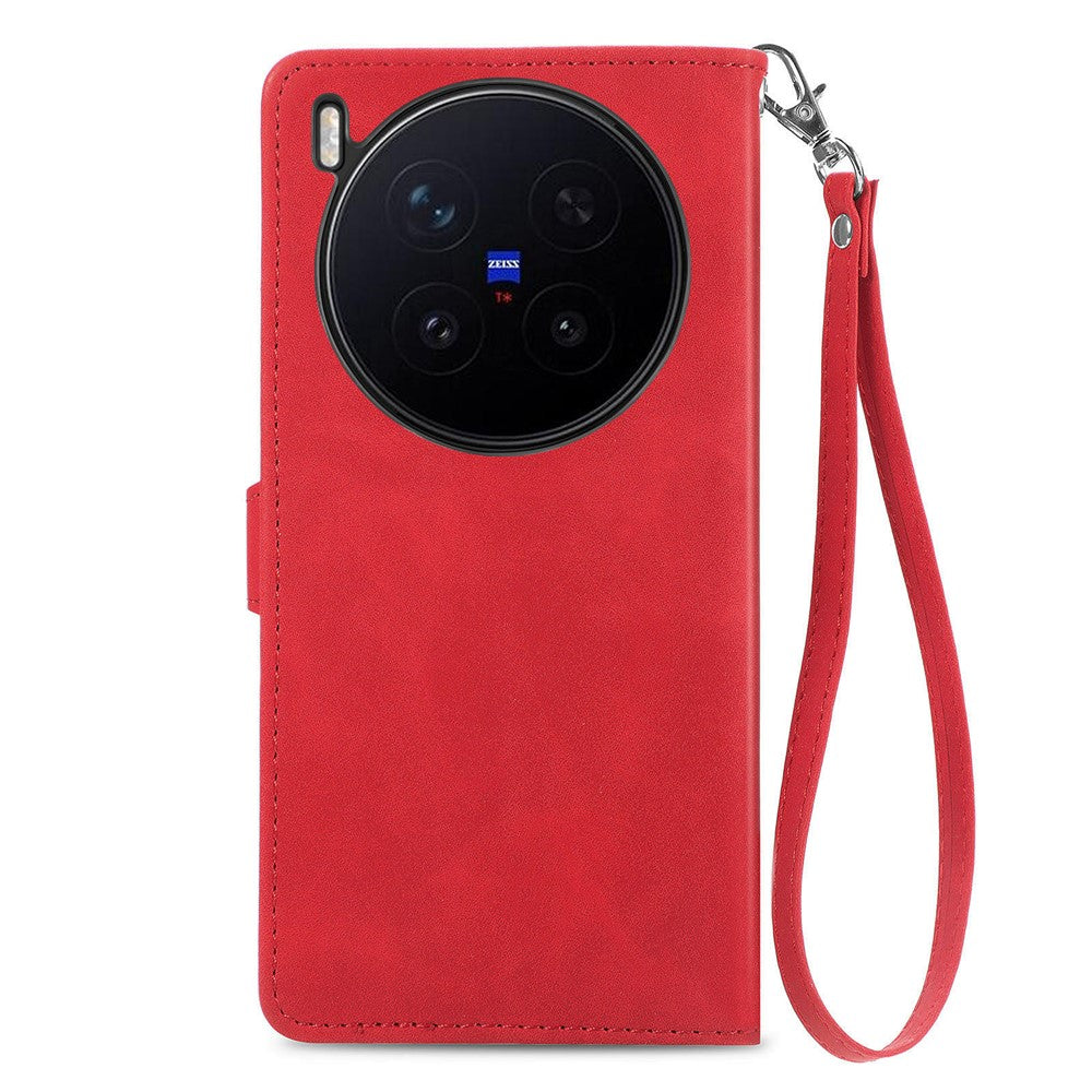 For vivo X300 Pro 5G Zipper Wallet Case with Strap Flower Imprint PU Leather Phone Cover - Red