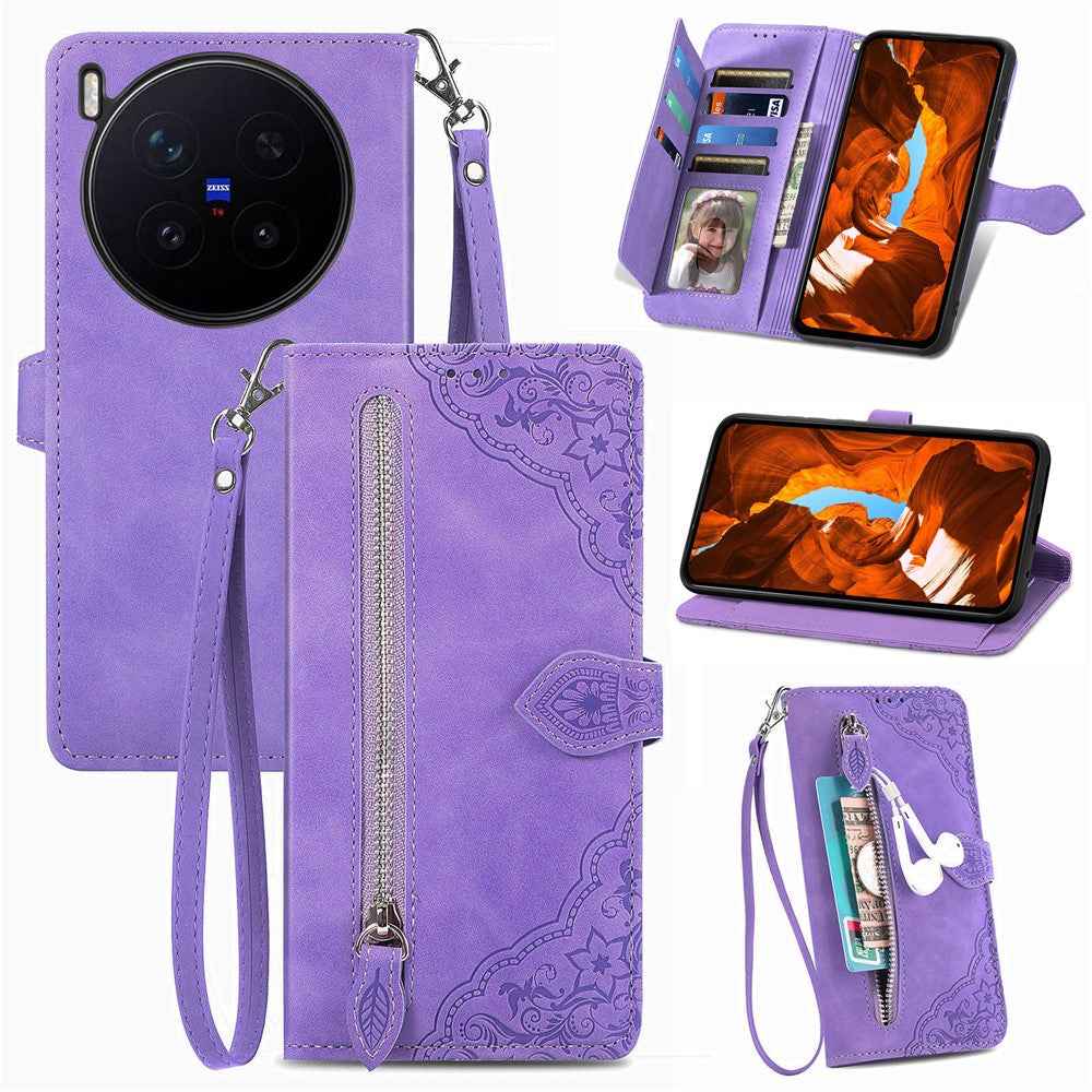 For vivo X300 Pro 5G Zipper Wallet Case with Strap Flower Imprint PU Leather Phone Cover - Purple
