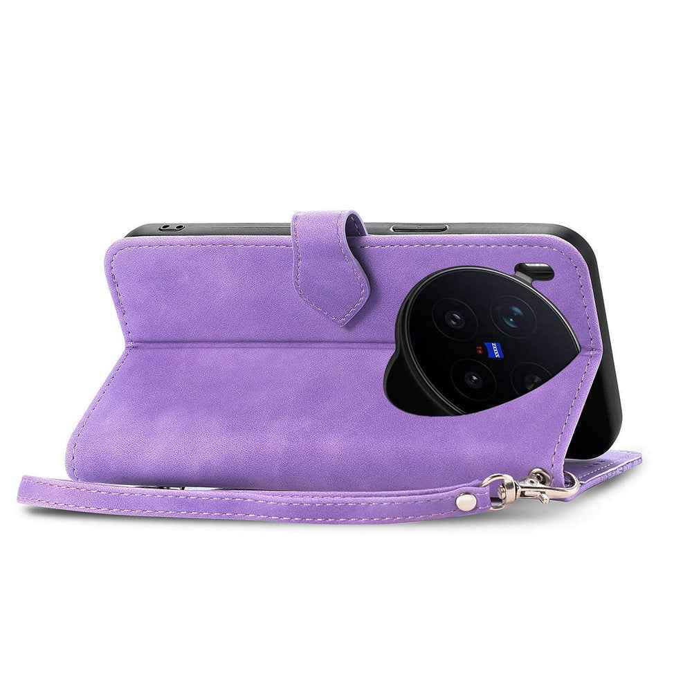 For vivo X300 Pro 5G Zipper Wallet Case with Strap Flower Imprint PU Leather Phone Cover - Purple