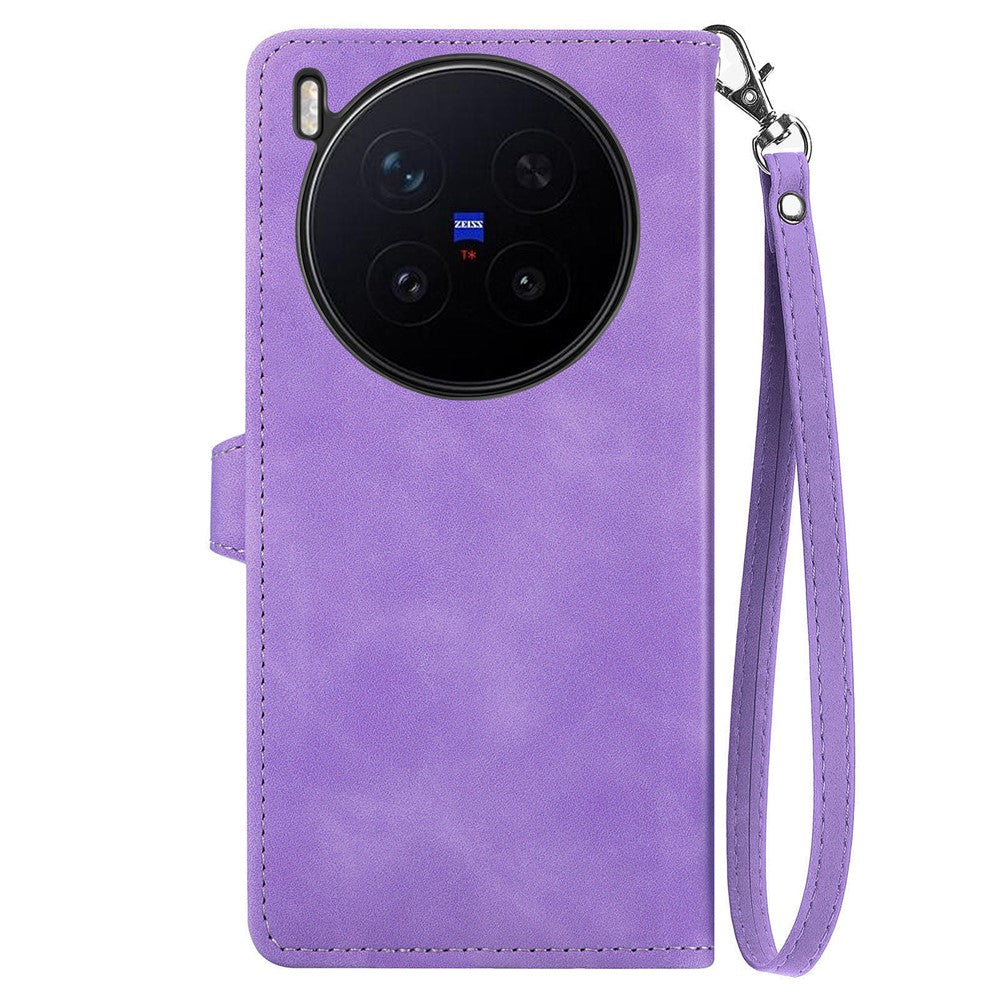 For vivo X300 Pro 5G Zipper Wallet Case with Strap Flower Imprint PU Leather Phone Cover - Purple