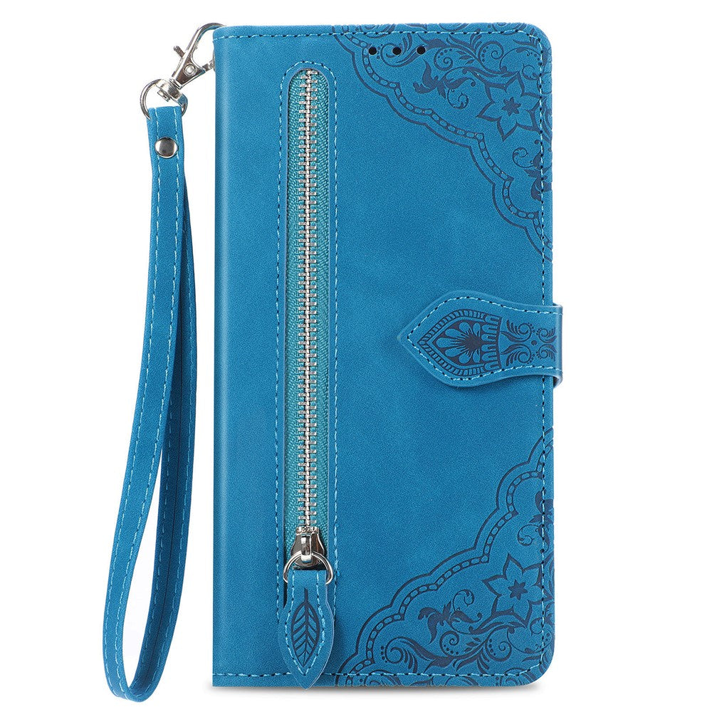 For vivo X300 5G Zipper Wallet Case with Strap Flower Imprint PU Leather Phone Cover - Blue