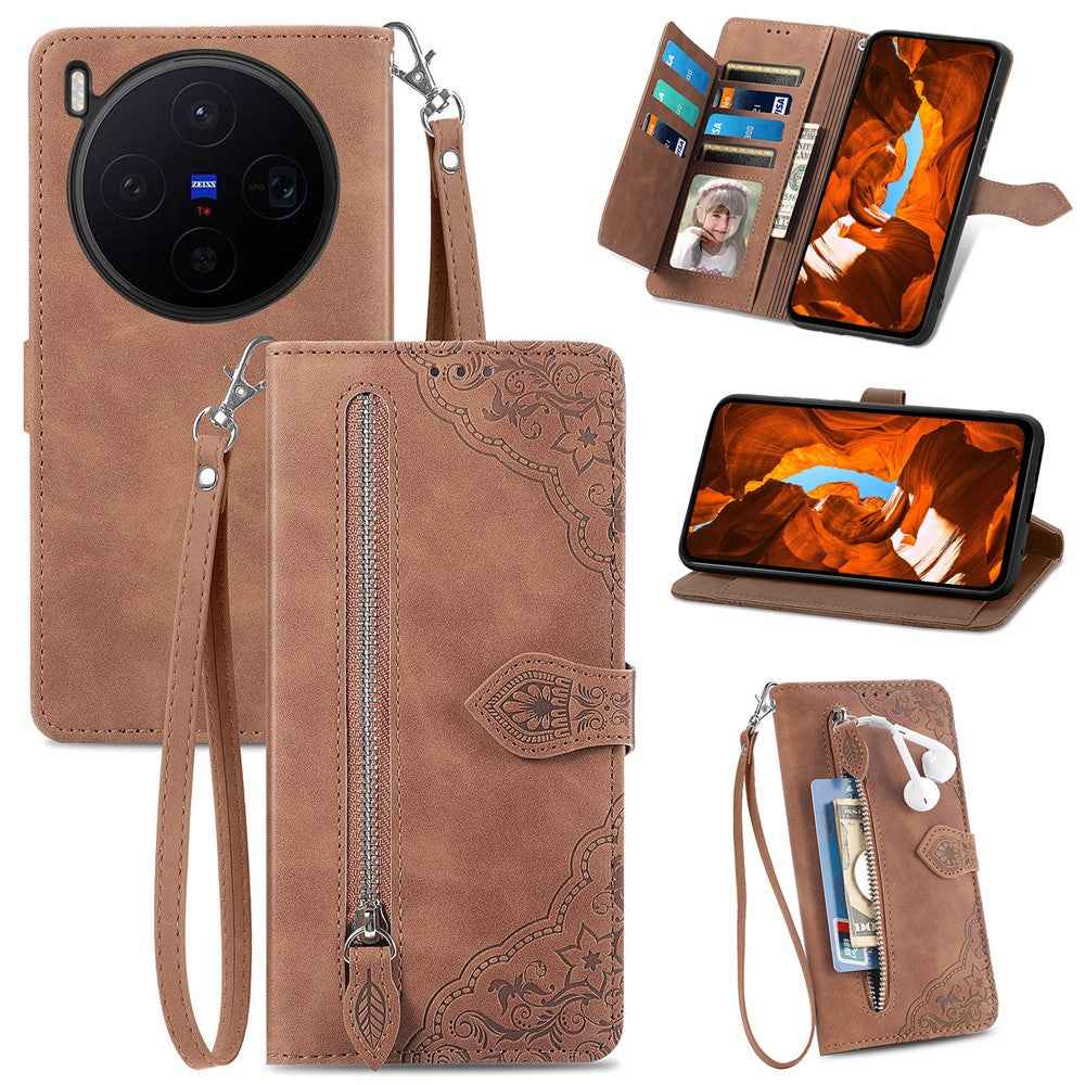 For vivo X300 5G Zipper Wallet Case with Strap Flower Imprint PU Leather Phone Cover - Brown