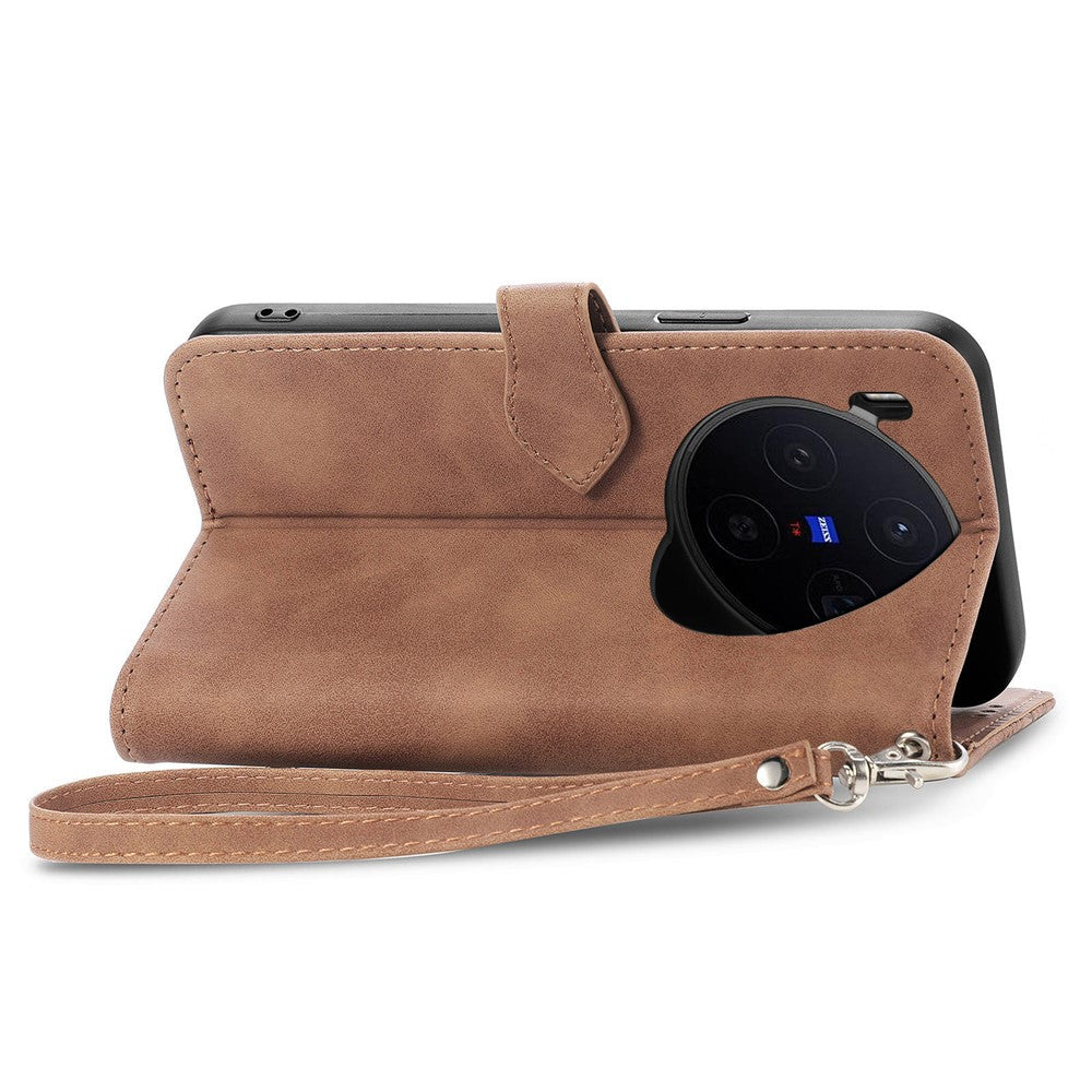 For vivo X300 5G Zipper Wallet Case with Strap Flower Imprint PU Leather Phone Cover - Brown