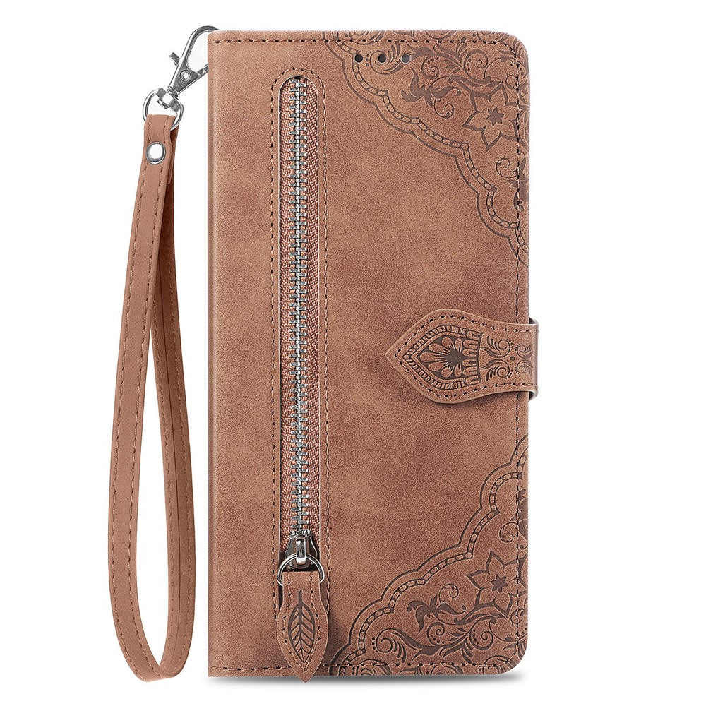 For vivo X300 5G Zipper Wallet Case with Strap Flower Imprint PU Leather Phone Cover - Brown