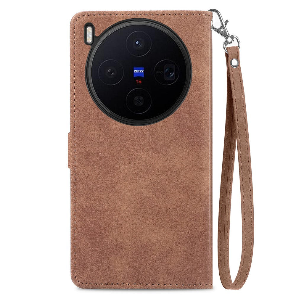 For vivo X300 5G Zipper Wallet Case with Strap Flower Imprint PU Leather Phone Cover - Brown