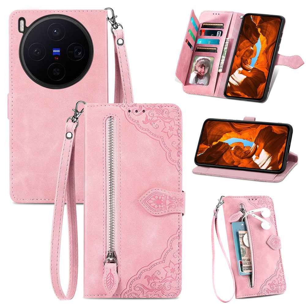 For vivo X300 5G Zipper Wallet Case with Strap Flower Imprint PU Leather Phone Cover - Pink