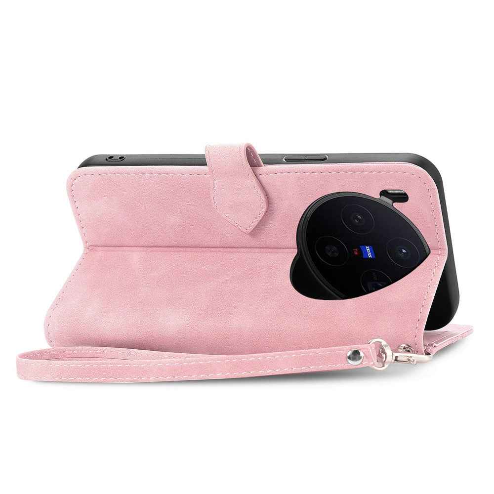 For vivo X300 5G Zipper Wallet Case with Strap Flower Imprint PU Leather Phone Cover - Pink