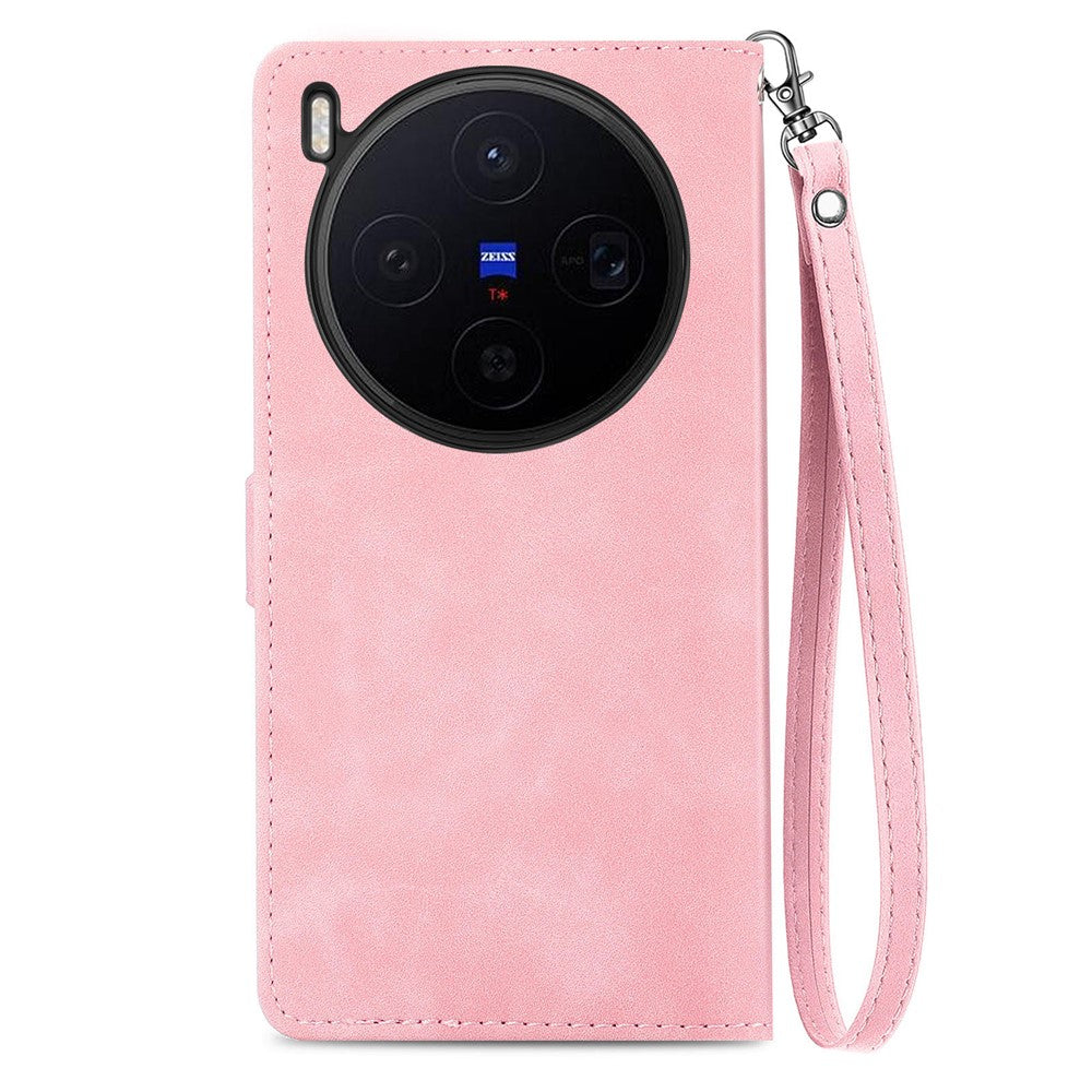 For vivo X300 5G Zipper Wallet Case with Strap Flower Imprint PU Leather Phone Cover - Pink