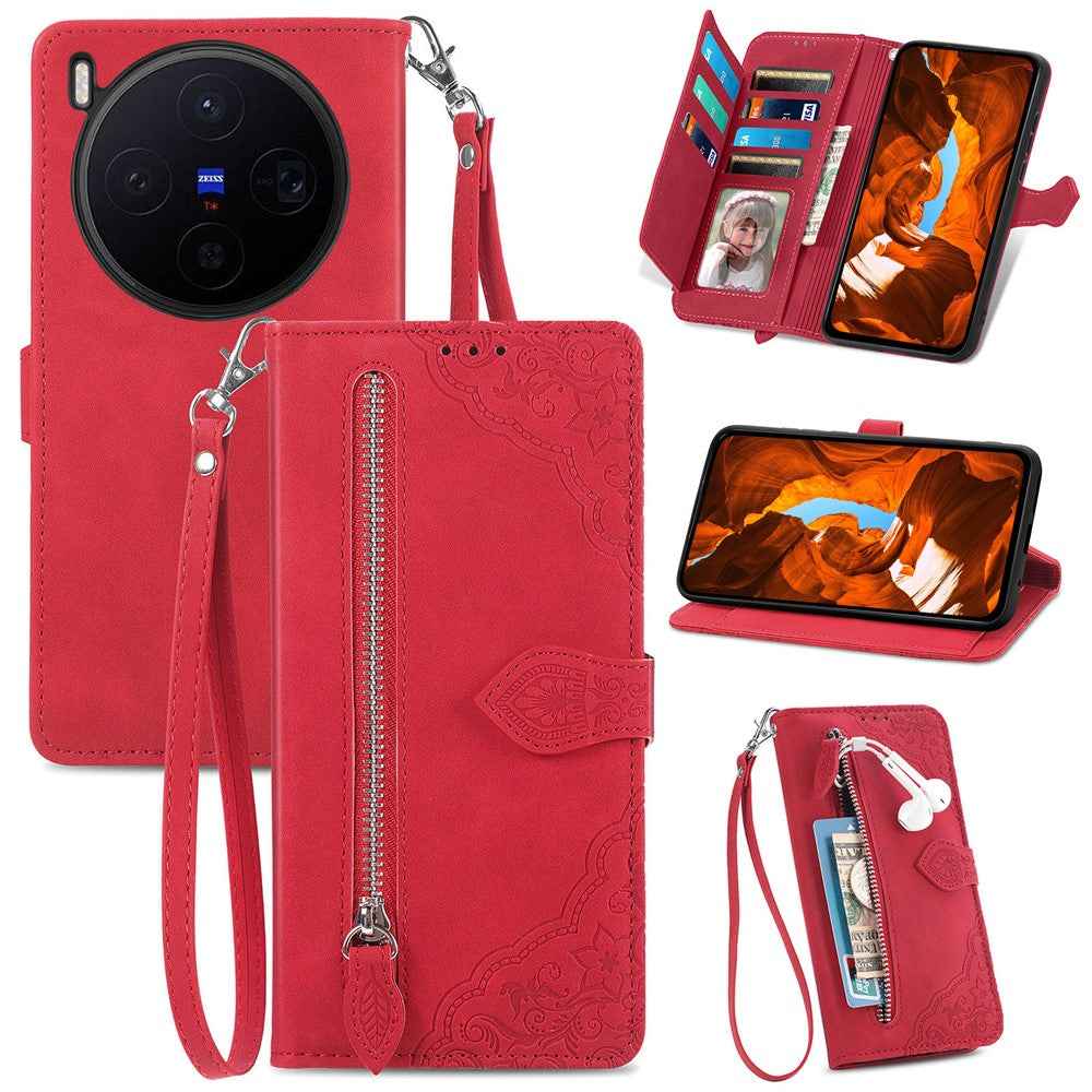 For vivo X300 5G Zipper Wallet Case with Strap Flower Imprint PU Leather Phone Cover - Red