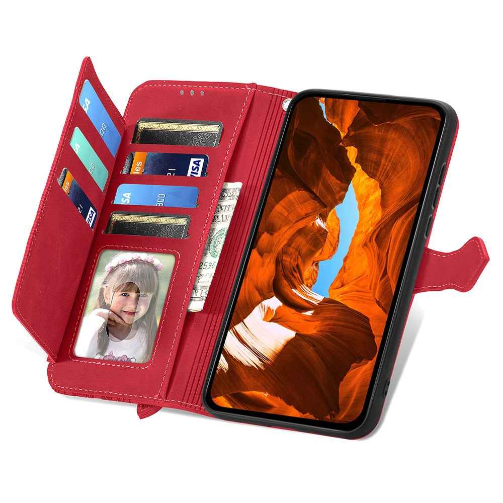 For vivo X300 5G Zipper Wallet Case with Strap Flower Imprint PU Leather Phone Cover - Red