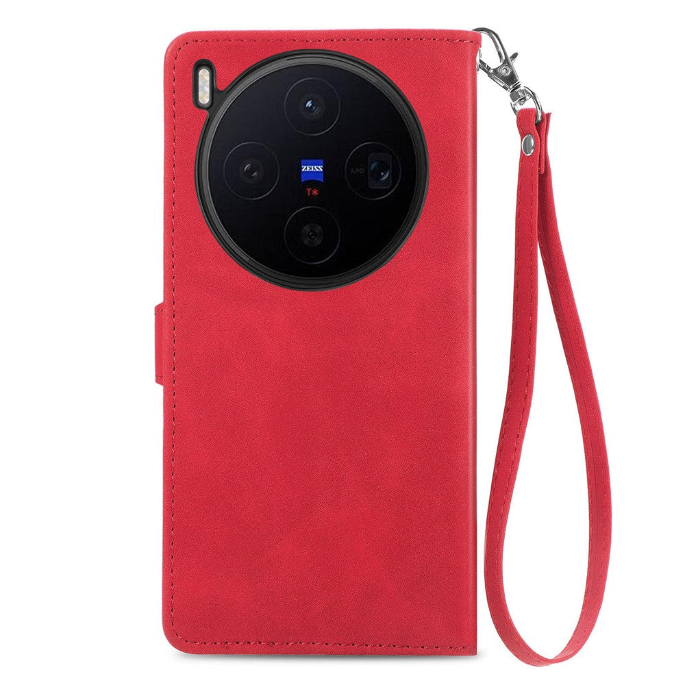 For vivo X300 5G Zipper Wallet Case with Strap Flower Imprint PU Leather Phone Cover - Red
