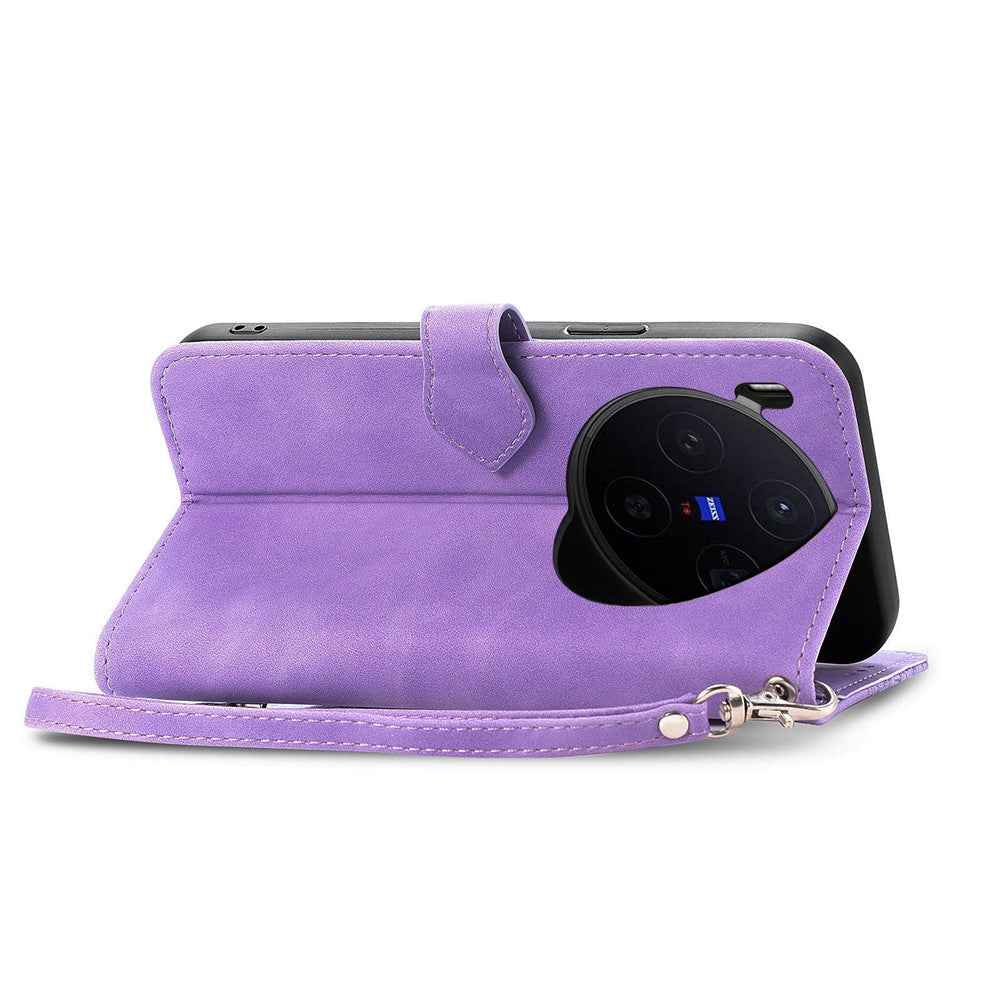 For vivo X300 5G Zipper Wallet Case with Strap Flower Imprint PU Leather Phone Cover - Purple