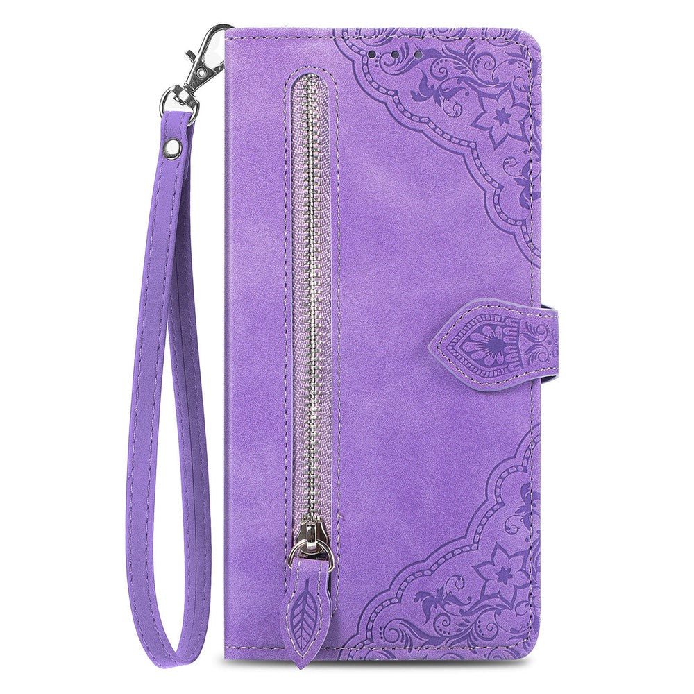 For vivo X300 5G Zipper Wallet Case with Strap Flower Imprint PU Leather Phone Cover - Purple