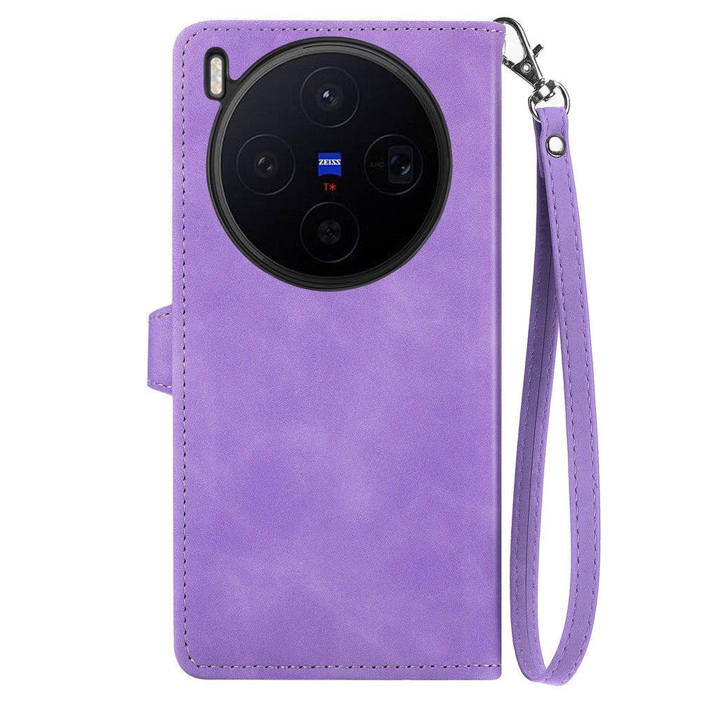 For vivo X300 5G Zipper Wallet Case with Strap Flower Imprint PU Leather Phone Cover - Purple