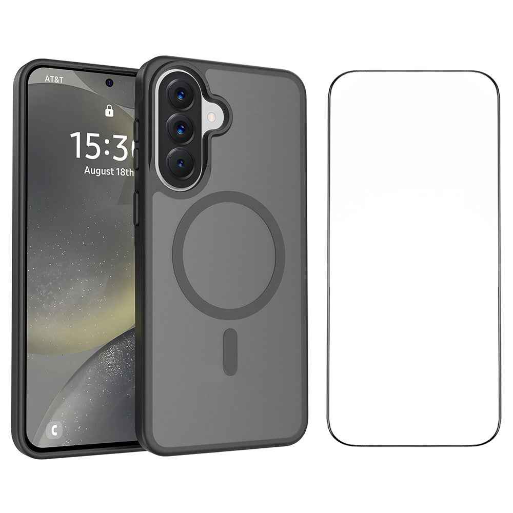 For Samsung Galaxy A57 5G Magnetic Phone Case Matte Finish TPU PC Shockproof Phone Cover with Tempered Glass - Black