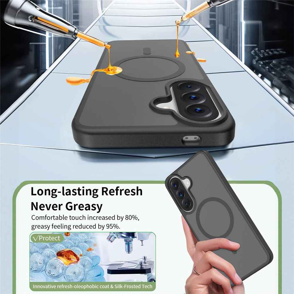 For Samsung Galaxy A57 5G Magnetic Phone Case Matte Finish TPU PC Shockproof Phone Cover with Tempered Glass - Black